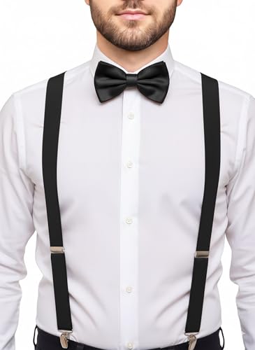 Image of trilece Men's Suspenders and Bow Tie Set - Adjustable Y-Back Suspenders with Matching Bow Tie for Weddings and Formal Wear
