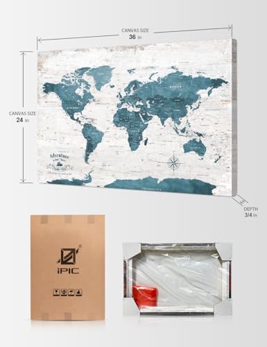 Image of IPIC - Large Vintage Teal World Map Canvas Wall Art, Push Pin World Map to Track Your Travels, Rustic Style Wall Decor for Home, Office, Living Room or RV, Ready to Hang, Made in USA