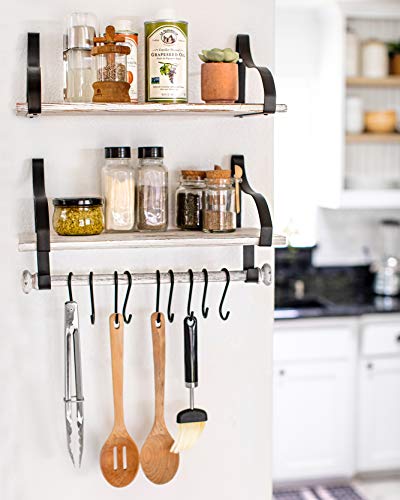 Wall Mounted Floating Spice Shelves With Towel Bar And Removable Hooks, Solid Wood, Rustic Shelving Storage, For Kitchens, Bathrooms And More, Farmhouse Wall Décor, 16.75” Long X 7.5” (White Washed) #TOP1