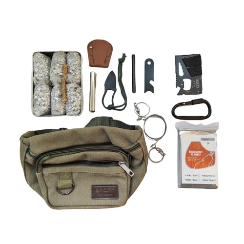 Survival Gear Kit with Waist Bag – 13 in 1 Emergency Tools: 6 Bags Magnesium, Ferro Rod, Blanket, Wire Saw, Knife, Tin & More – Camping, Bushcraft, Bug Out Bag
