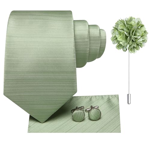 Image of Hi-Tie Men Silk Ties Set with Flower Lapel Pin Necktie Pocket Square Cufflinks for Tuxedo Wedding Business