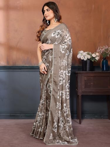 Image of Satrani Women's Georgette Floral Printed Saree with Unstitched Blouse Piece