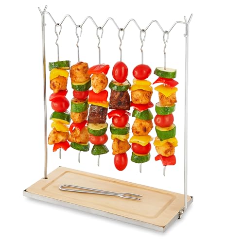 Tower 6 Kebab Skewers with Stand – Stainless Steel Hanging BBQ Skewers for Meat and Vegetables, Non-Stick, Hardwood Base