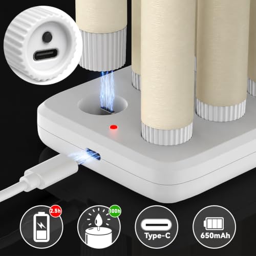 Image of 6 inch Rechargeable Flameless Taper Candles with Remote, Charging Base, 6 Pcs