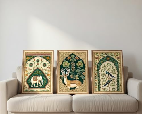 Image of Artify Set of 3 Traditional Mughal Animal Bird Wall Paintings for Living Room Bedroom Home Decor with Premium Wooden Color Synthetic Frame