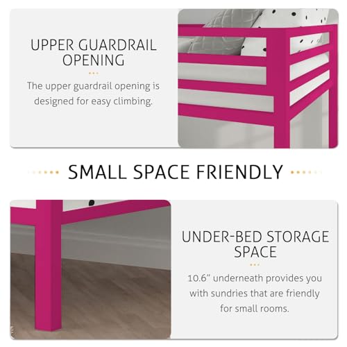 Image of Metal Bunk Bed for Adults and Kids, Sturdy Steel Frame with Guard Rails (3 X 6 Ft) | Pink | Space Saving Design | DIY Assembly for Home and Bedroom