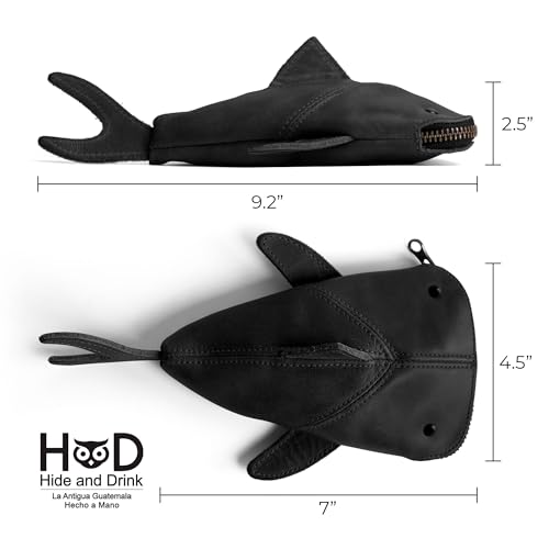 Image of Hide & Drink, Zippered Coin Pouch, Shark Shaped Case, Stuffed Animal, Bank, Change Bag, Pencil Purse, Shark Shaped Cable Holder, Full Grain Leather, Handmade Wallet, Charcoal Black