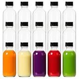 FANSTINOW 2 oz (60ml) 15 Pack Leak-Proof Clear Glass Boston Round Bottles with lids - Mini Travel Containers for Ginger Shots, Juice, Whiskey, Samples | W/Labels, Funnels & Brushes