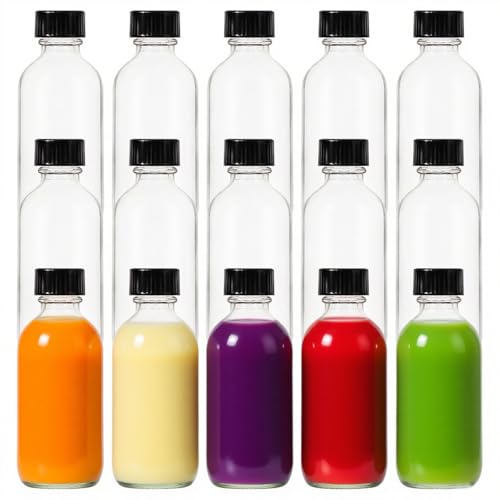 FANSTINOW 2 oz (60ml) 15 Pack Leak-Proof Clear Glass Boston Round Bottles with lids - Mini Travel Containers for Ginger Shots Juice Whiskey Samples | W/Labels Funnels & Brushes