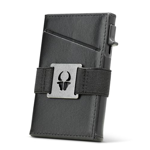 DONBOLSO Slim Wallet Las Vegas I Minimalistisches Kartenetui I Kompaktes Herren Portemonnaie aus Leder I RFI Schutz I Push Up Kartenhalter mit Vordertasche für Cash & Scheine Riemen - Nappa SchwarzDon