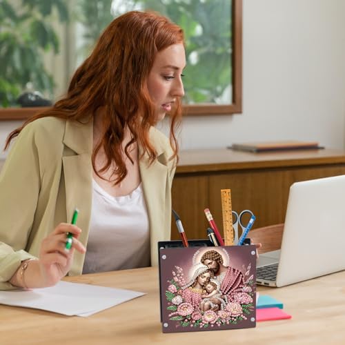Image of DIY 5D Diamond Painting Pen Holder, Religious Family Acrylic Pencil Organizer for Christian Faith Decor, Decorative Diamond Art Desk Storage for Home and Office Supplies