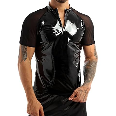 CHICTRY Men's Black Wet Look Leather Short Sleeve Zipper Collar T-Shirt Nightwear Tops Undershirt Black M Cover