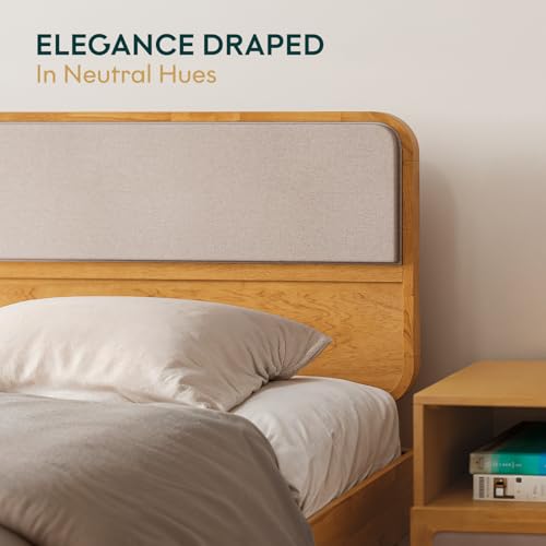 Image of Bme Calista Queen Size Bed Frame - Solid Wood Platform Bed with Upholstered Headboard, Teak Brown Finish, Mid-Century Modern Style with Sturdy Slats & Tapered Legs, No Box Spring Needed