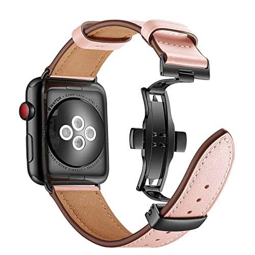 Bracelet en cuir véritable boucle papillon pour Apple Watch Ultra, élégance rose