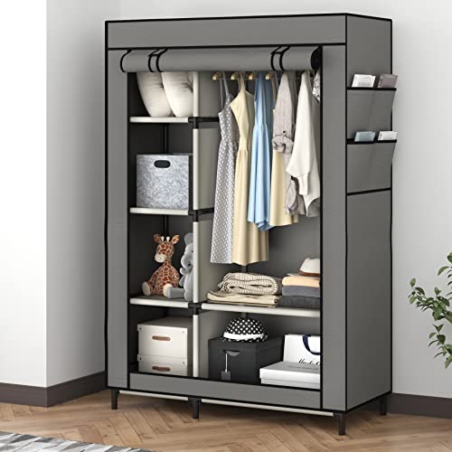 Buzowruil Canvas Wardrobe Portable Closet Wardrobe Clothes Storage With 6 Shelves And Hanging Rail,Non-Woven Fabric, Quick And Easy Assembly,Grey #TOP2