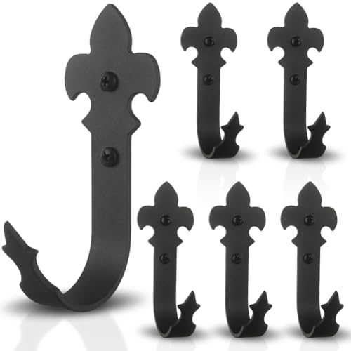 Wrought Iron Decorative Wall Hooks Fleur De Lis Wall Hooks Cast Iron J Hooks Heavy Duty Wall Mounted Hooks for Garage Storage Farmhouse Garden Tool Garden Shed Hanging Hose Ladder Chair