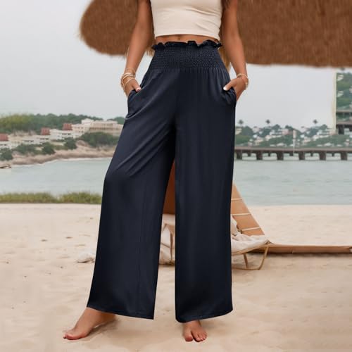 Womens Summer Pants Baggy Trendy High Rise Wide Leg Pants Palazzo Stretch Elastic Solid 2025 Outfit Ruched with Pocket2