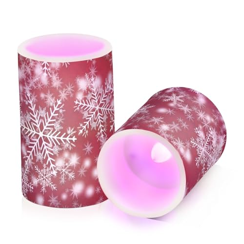 Image of Christmas Lights Decorations Flameless Candles Christmas Background with Snowflakes Red Pillar Candles Set of 2 Battery Operated Remote Control Warm Lights