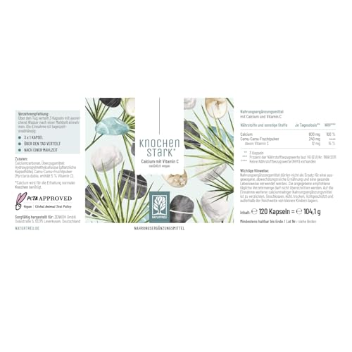 NATURTREU® Calcium hochdosiert mit Vitamin C vegan - 120 Kalzium Kapseln 800mg hochdosiertes Calcium pro Tagesdosis - Ohne Zusatzstoffe