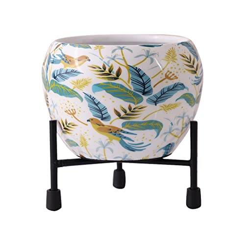 Image of Hand Painted Metal Planter with Wooden Stand (Black)