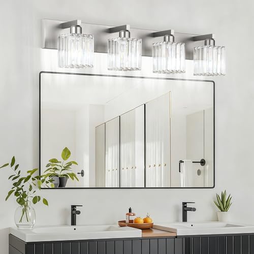 Image of Aipsun Brushed Nickel Bathroom Lighting Fixtures 4 Light Crystal Modern Bathroom Vanity Light (Exclude Bulb)