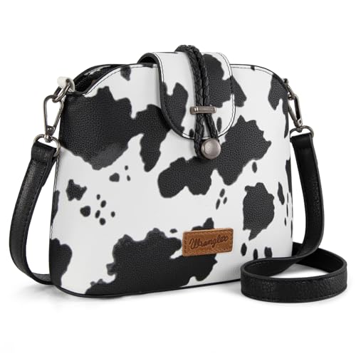 Wrangler Bolsas pequenas transversais femininas de ombro fofas e bolsas de mão com alça ajustável, Normal-vaca-preta, 9.4' X 3.5' X 8.3'