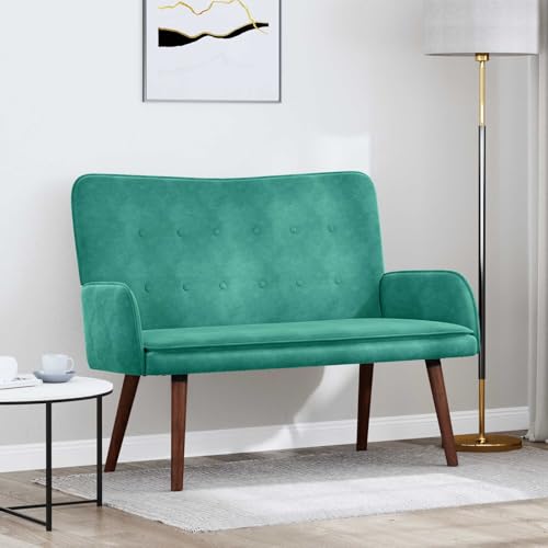Teenpull Sofá de dos plazas de terciopelo turquesa 115 x 61 x 87 cm con marco de metal, patas de madera y reposabrazos, sofá sofá para salón, habitación de invitados, habitación juvenil, interior, 2