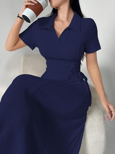 Image of Shasmi Women's Solid Color Applique Lace-Up Collared Short Sleeve, Side-Tie Waist Long Casual Maxi Women Dress Outfit Long Evening Midi Western Party Dress for Women (Dress 211)