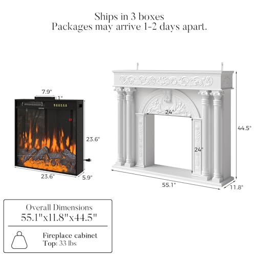 Image of Homsee 55-inch Fireplace with Mantel, Insert with 1500 /750W 23.6-inch Fireplace Heater, TV Stand Decord with Roman Columns in Pine Wood, Electric Fire Place with 12 Color Flame & 8 Hour Timer, White