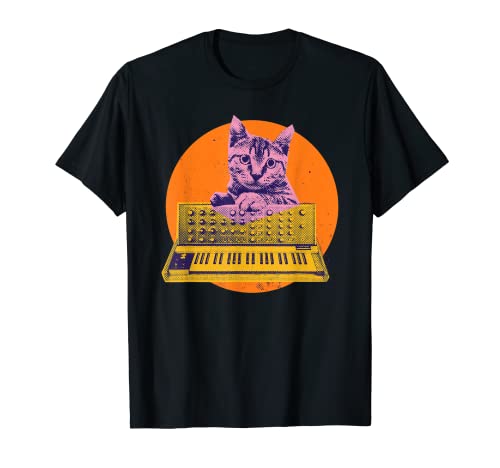 Synthesizer Cat Vintage Analog Synth Retro Studio Equipment Camiseta