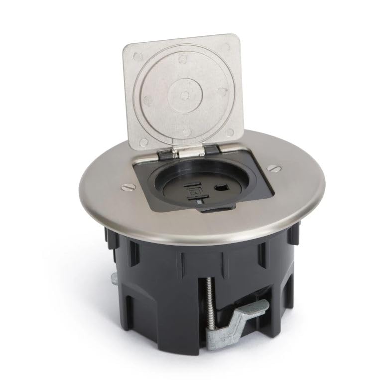 Lew Electric Round Wood Floor Box - Single 20amp Receptacle - Metal Top with Four Colors to Choose from. (Nickel Stainless)