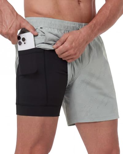 MaaMgic Pantalones cortos de correr 2 en 1 para hombre, con bolsillo para el móvil, secado rápido, pantalones cortos para correr de 5 pulgadas, con pantalones interiores, elásticos, para correr