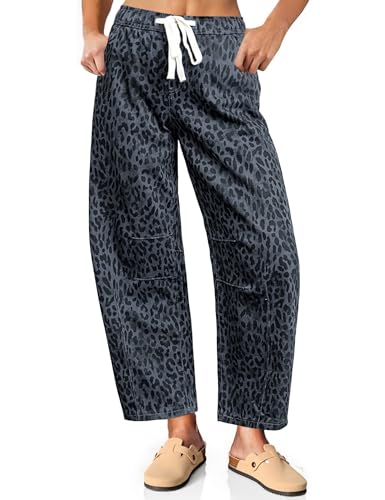 Vetinee Leopard Barrel Jeans Women Drawstring Cute Jeans High Waisted Pants for Women Womens Brown Cheetah Pants Gray Cheetah Medium