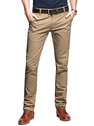 OCHENTA Mens Casual Slim-Tapered Flat-Front Pants Khaki Lable 31