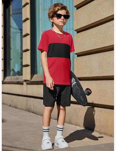 Image of Arshiner Boys' 2-Piece Cotton Outfit Color Block T-Shirt and Shorts Set Summer Camo Clothes for Kids 5-14 Years