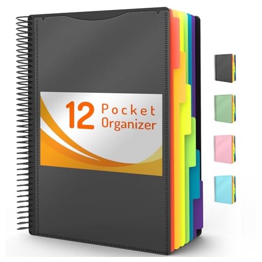 12 Pocket Project Organizer, Forvencer 1/6-cut Tab Binder Organizer with Sticky Labels, Multi Pocket Folder with Zipper Pouch, Folder Binder Spiral Pocket Organizer Folder Notebook, Letter Size, Black
