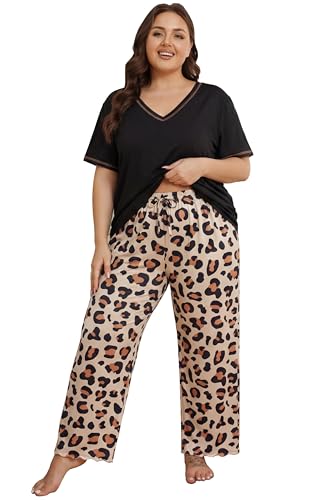 Image of Vozanet Women's Plus Size Pajama Sets Short Sleeve Long Pants Solid Color with Piping Trim Elegant Loungewear Cozy Sleepwear