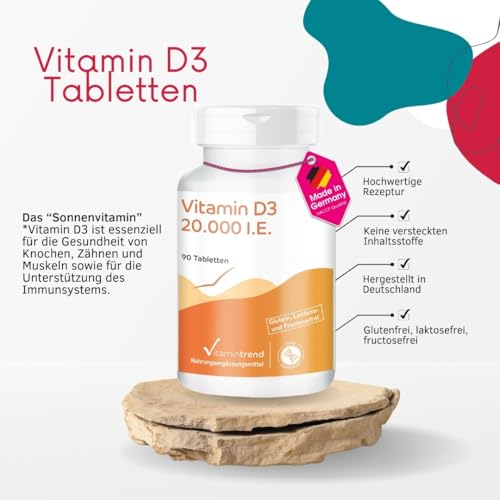 Vitamintrend Vitamin D3 20000 I.E. hochdosiert, 90 Tabletten, schluckfreundlich, Sonnenvitamin Cholecalciferol, Nahrungsergänzungsmittel ohne Zusätze, in Deutschland hergestellt