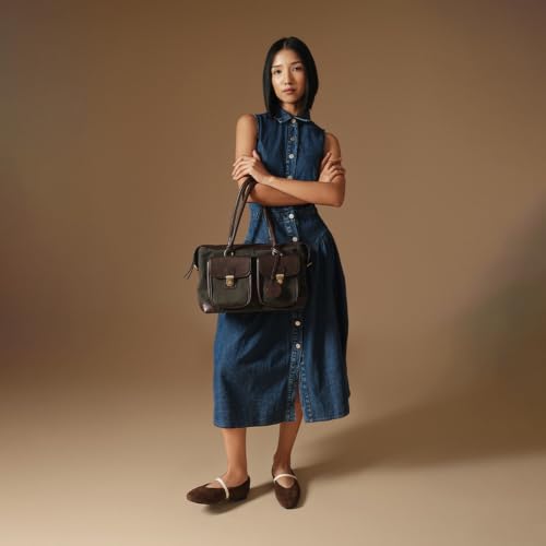 Image of Theater Miss Granger Structured Satchel Bag for Women | Canvas & Faux Leather Handbag with Fixed Top Handles & Detachable Crossbody Strap | Front Flap Buckle Pockets | Elegant Everyday Shoulder Bag