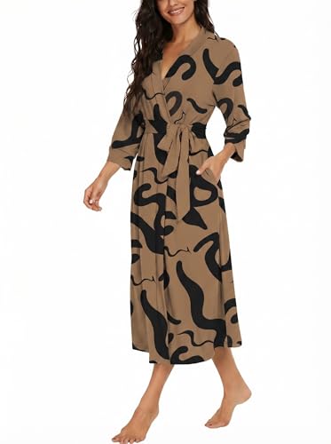 Image of VINTATRE Robes for Women Long Knit Bathrobe XS-4XL | 3 /4 Sleeve Bathrobes with Pockets, Stretchy and Lightweight Fabric, Inner Tie and Fixed Outer Matching Belt, Mid Calf Length