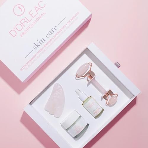 Conjunto de massagem facial profissional de 4 peças - Gua Sha e rolo de quartzo rosa com soro vitamina C retinol e creme antiaging