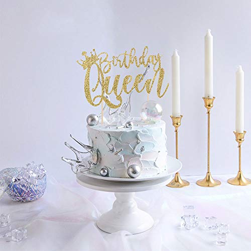 Yuinyo Handmade Glitter Queen Birthday Cake Topper, Happy Birthday Cake Bunting Decor, Birthday Party Decoration Supplies (Gold) #TOP2
