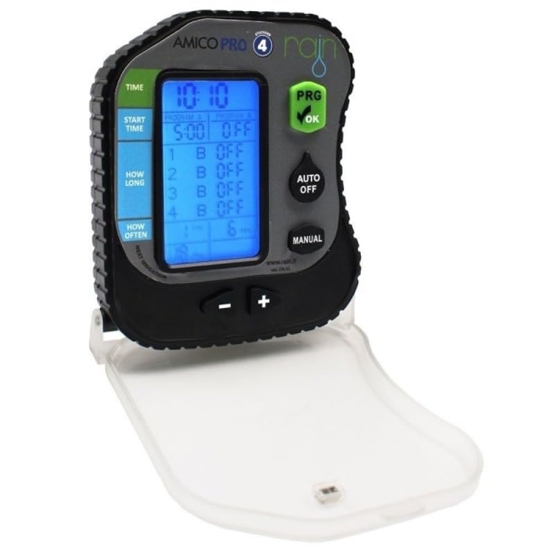 Rain Amico PRO4 - Programmatore a batterie a 4 zone, 2 programmi, display LCD, IP68, sommergibile, per elettrovalvole con solenoide da 9 V DC