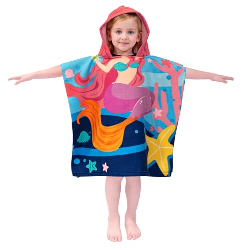 Image of growell Hooded Kids Beach Towels - Toddler Bath Towel Girls Boys Swim Cover-ups for Ages 1 to 6 Kids Pool Towels Quick Dry Lightweight Soft Microfiber Poncho Towel 24x24 (Mermaid Starfish)