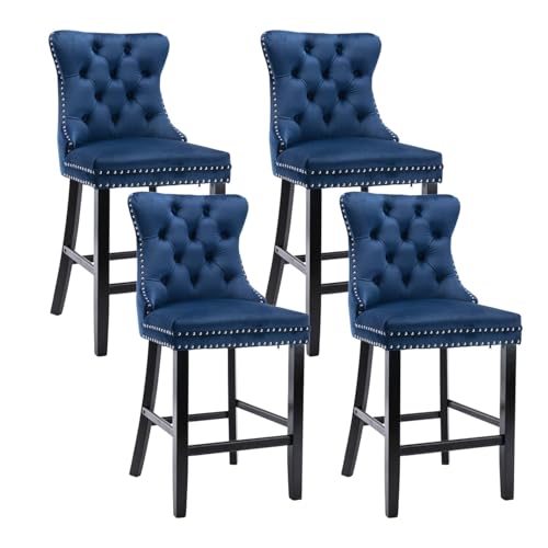 Image of Virabit Counter Height Bar Stools Set of 4, 27 inch Farmhouse Barstools with Button Back and Nailhead Trim, Velvet Bar Stools with Kitchen Island, Pub (Blue)