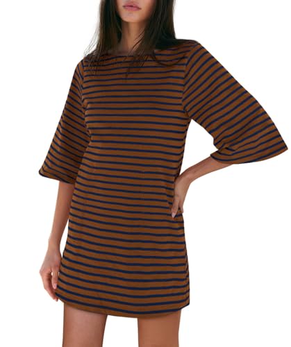 Image of Yousify Women's T Shirt Dress Cotton Summer Dresses 2026 Casual Loose Short Sleeve Striped Mini Dress with Pockets