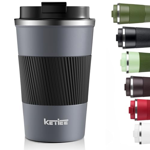 KETIEE Travel Coffee Mug Spill Proof 12oz, Insulated Reusable Coffee Cups with Seal Lid, Vacuum Stainless Steel Travel Mug to Go Car Tumbler for Hot/Iced Drinks (Grey)