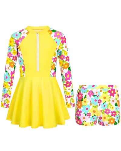 Image of HOZIY Girls Long Sleeve Swimsuit Two Piece Rash Guard Dress with Swim Shorts Front Zip for Kids Tween Teens UPF 50+