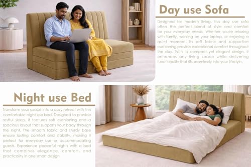 Image of Rosebell 5x6-3 Seater Armless Sofa Cum Bed with Backrest | Soft Velvet Fabric Finish | Modern Living Room & Bedroom -Golden-Color