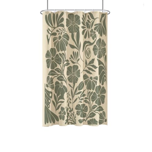RTFEVG Stall Small Linen Shower Curtain 36x72 inch, Green Floral, 7 Hooks